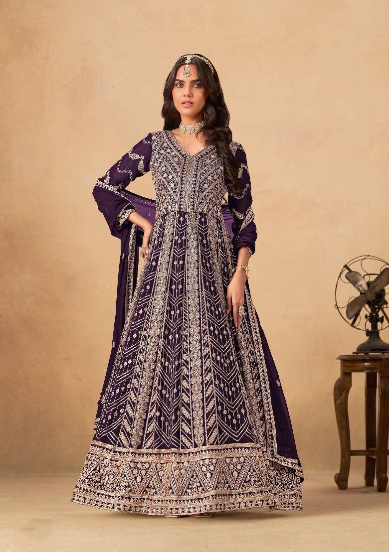 Wine Embroidered Georgette Salwar Kameez - Indya