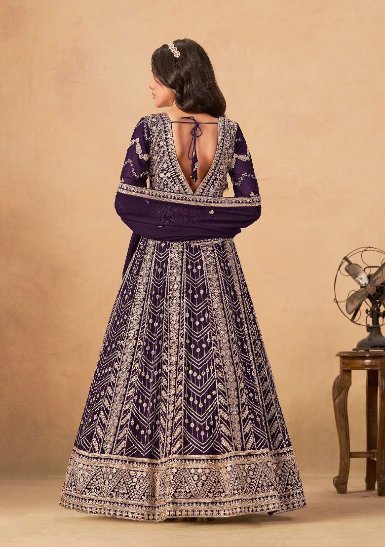 Wine Embroidered Georgette Salwar Kameez - Indya