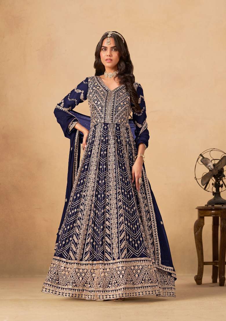 Navy Blue Embroidered Georgette Salwar Kameez - Indya