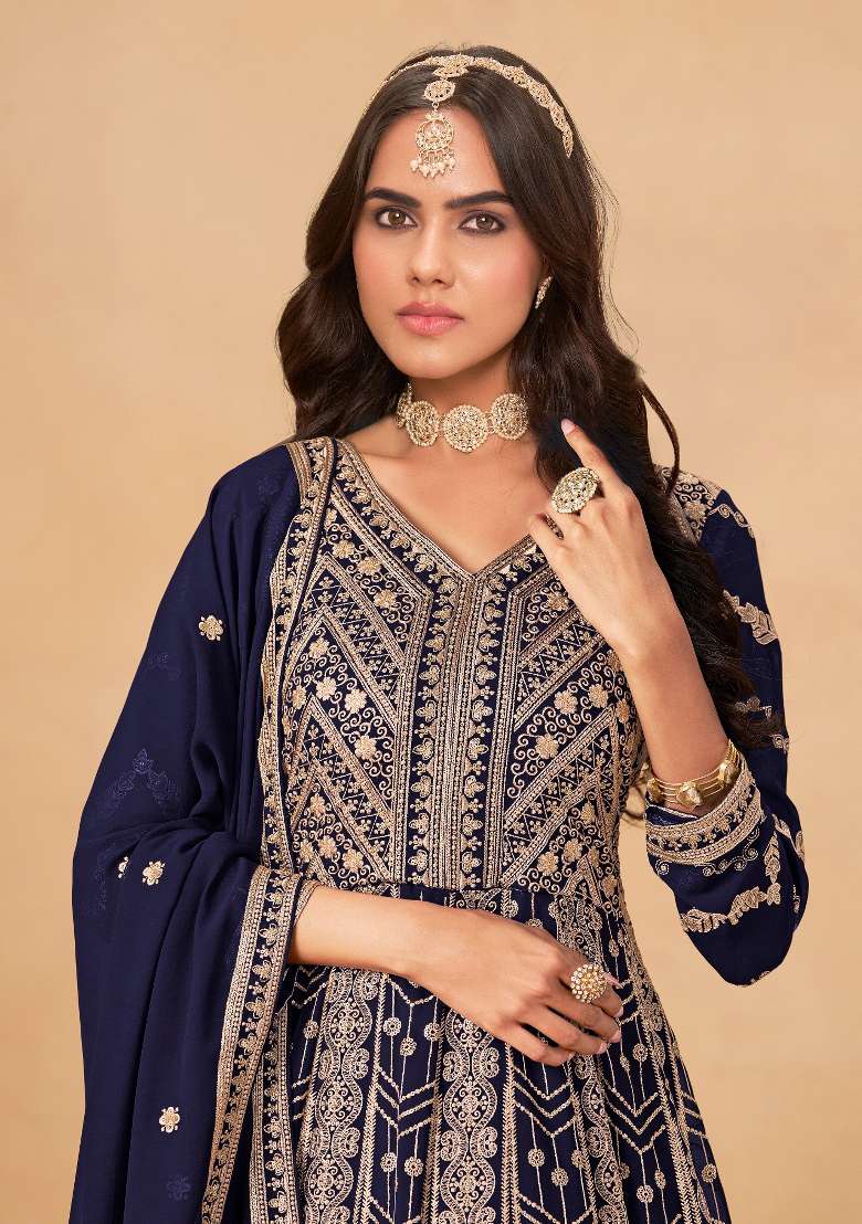 Navy Blue Embroidered Georgette Salwar Kameez - Indya