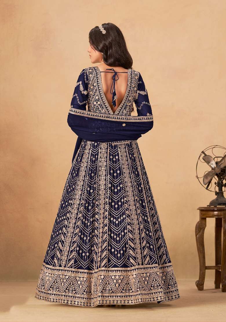 Navy Blue Embroidered Georgette Salwar Kameez - Indya