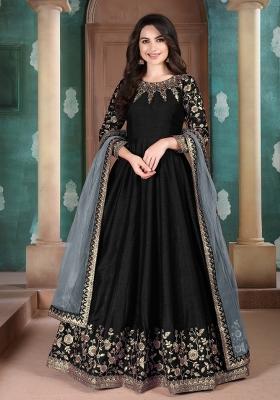 Black Embroidered Silk Blend Anarkali Set