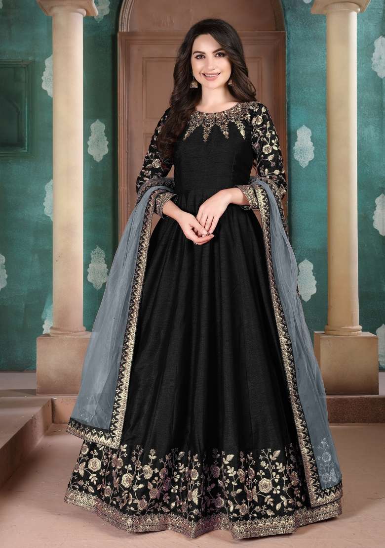 Black Embroidered Silk Blend Anarkali Set - Indya