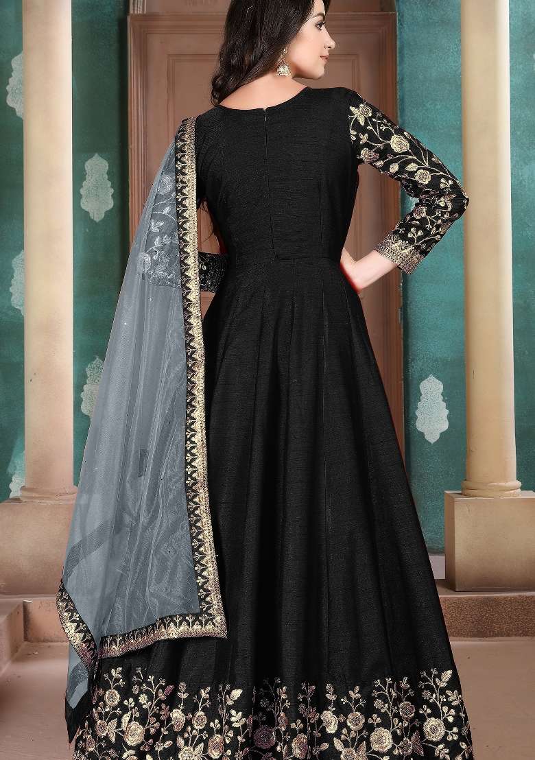 Black Embroidered Silk Blend Anarkali Set - Indya