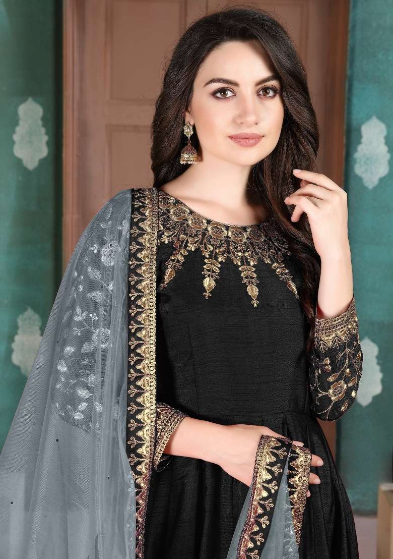 Black Embroidered Silk Blend Anarkali Set - Indya