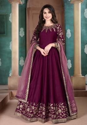 Purple Embroidered Silk Blend Anarkali Set