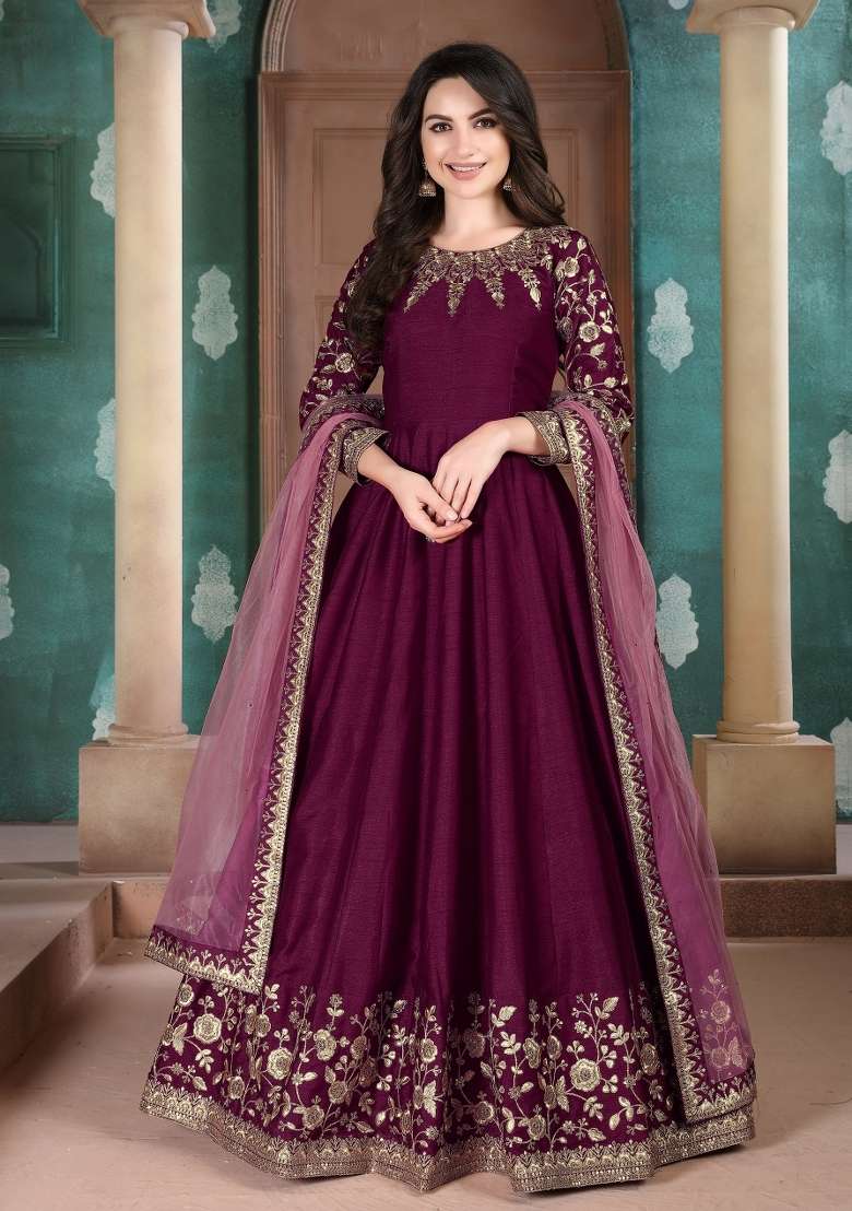 Purple Embroidered Silk Blend Anarkali Set - Indya