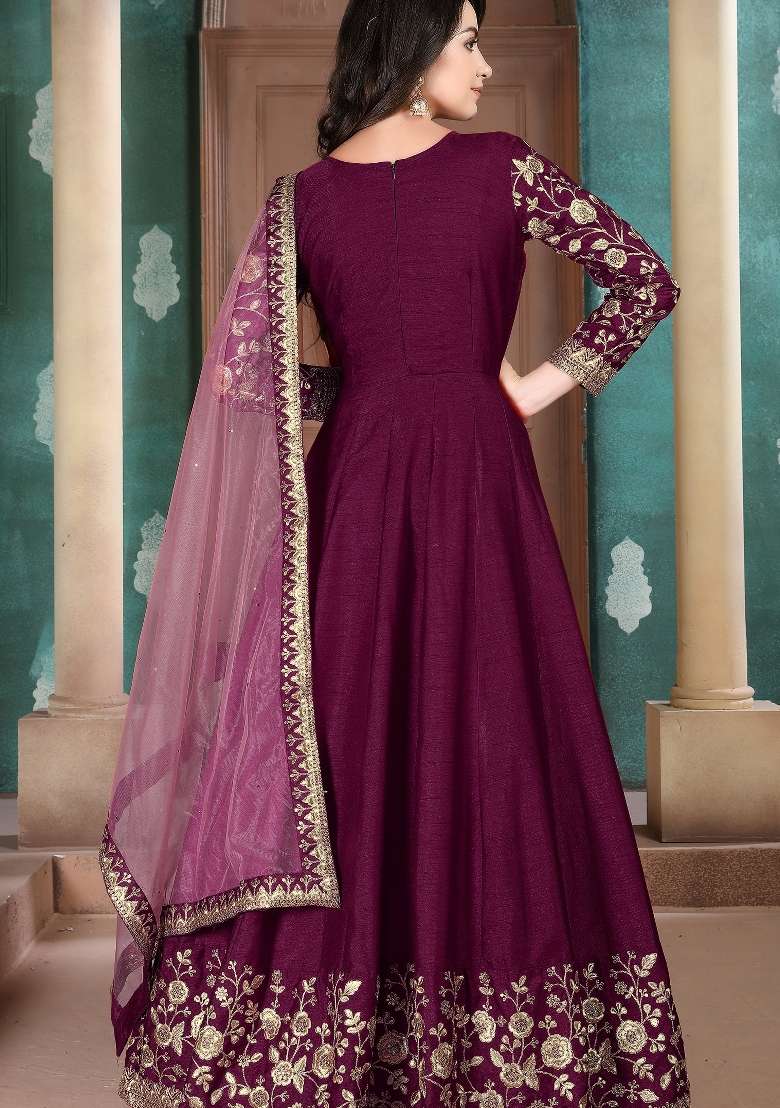 Purple Embroidered Silk Blend Anarkali Set - Indya