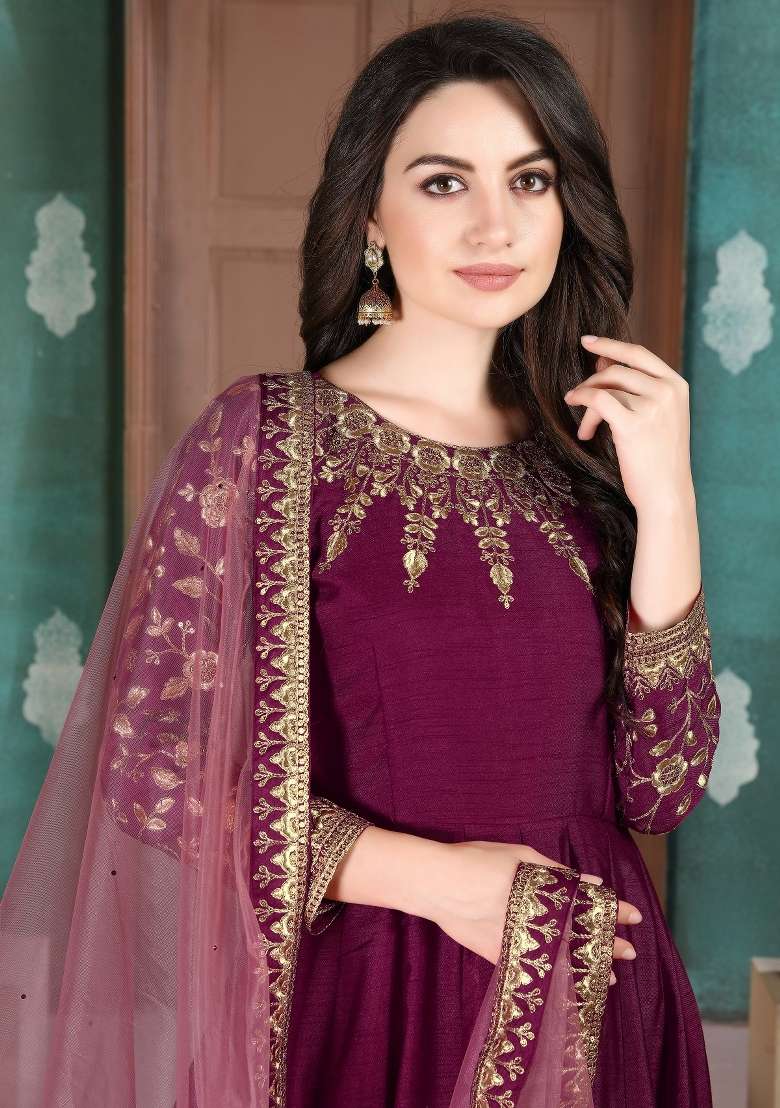 Purple Embroidered Silk Blend Anarkali Set - Indya