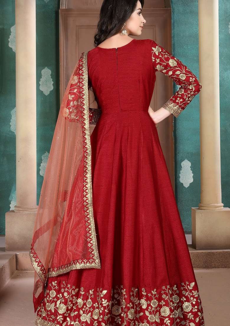 Red Embroidered Silk Blend Anarkali Set - Indya