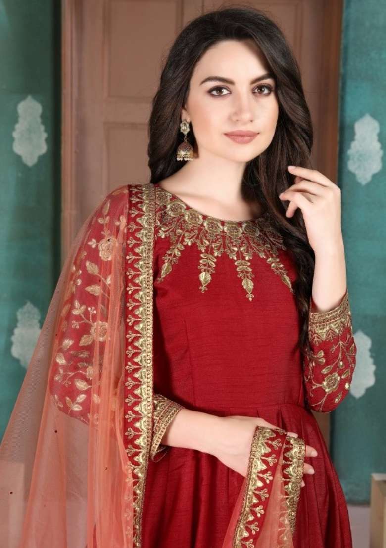 Red Embroidered Silk Blend Anarkali Set - Indya