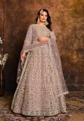 Purple Embroidered Net Anarkali Set