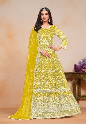 Yellow Embroidered Net Anarkali Set