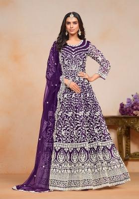 Purple Embroidered Net Anarkali Set