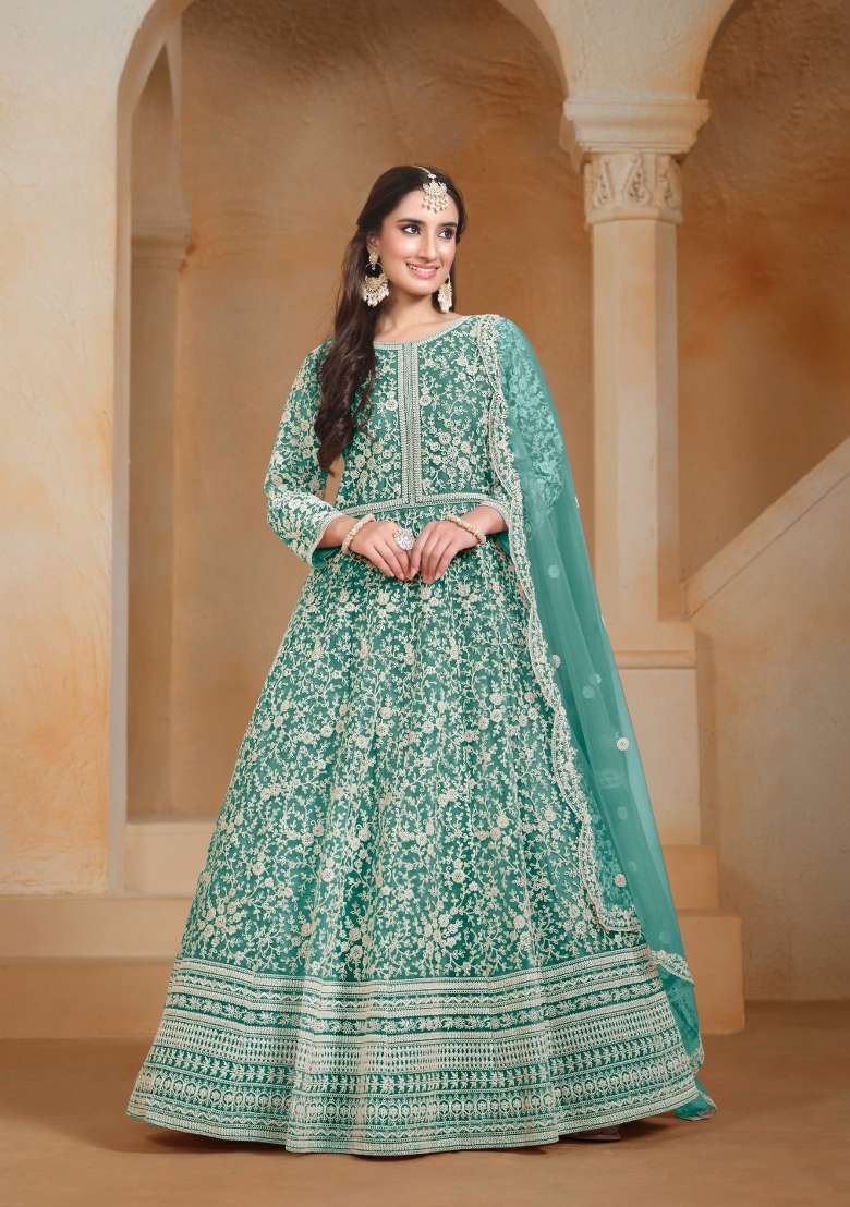 Sea Green Embroidered Net Anarkali Set - Indya