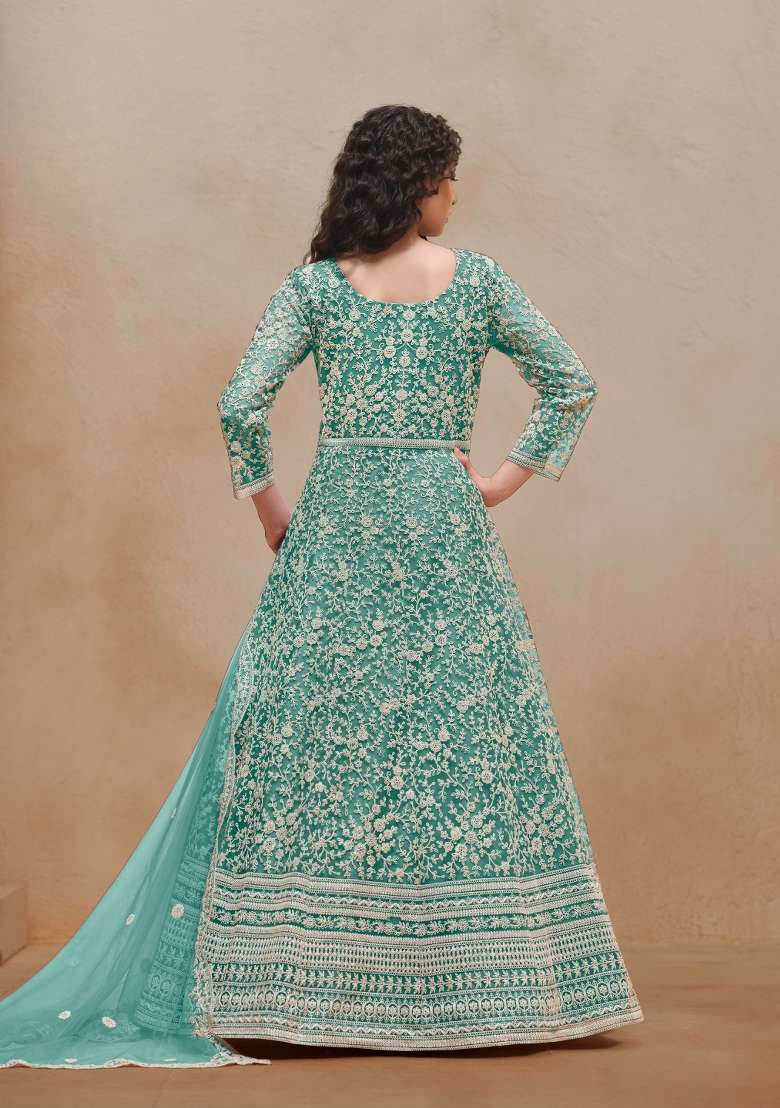 Sea Green Embroidered Net Anarkali Set - Indya
