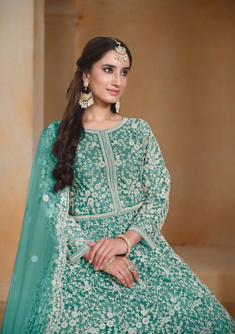 Sea Green Embroidered Net Anarkali Set - Indya