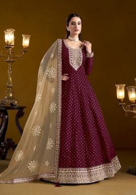 Purple Embroidered Chanderi Anarkali Set