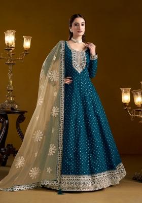 Teal Embroidered Chanderi Anarkali Set