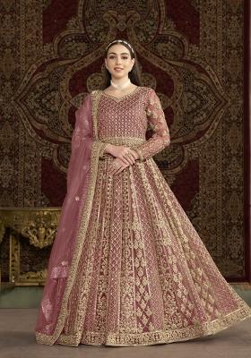 Peach Embroidered Net Anarkali With Dupatta