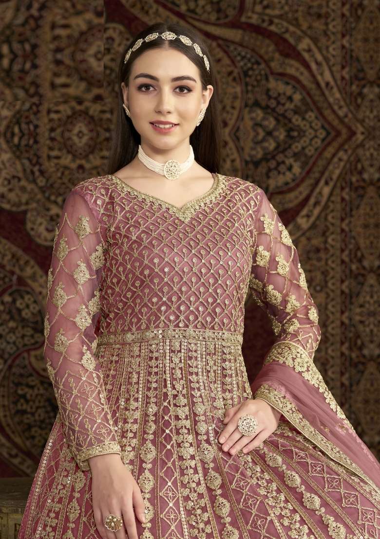 Peach Embroidered Net Anarkali With Dupatta - Indya