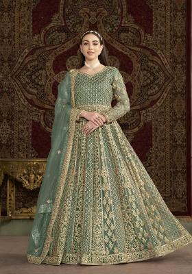 Green Embroidered Net Anarkali With Dupatta