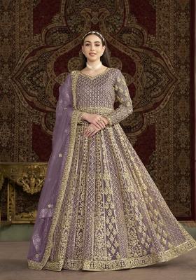 Purple Embroidered Net Anarkali With Dupatta