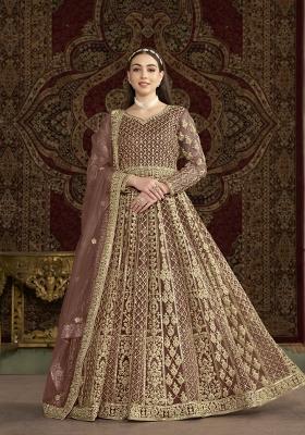 Coffee Embroidered Net Anarkali With Dupatta