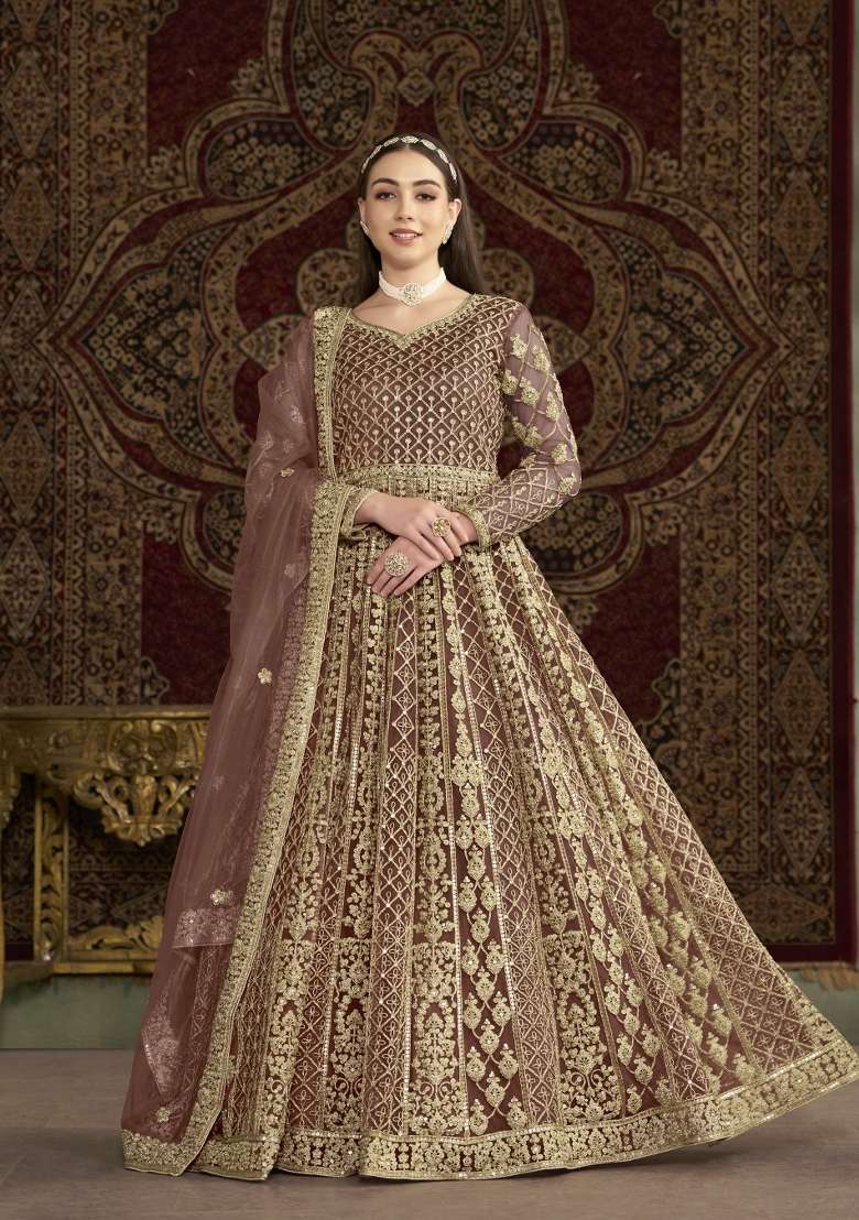 Coffee Embroidered Net Anarkali With Dupatta - Indya