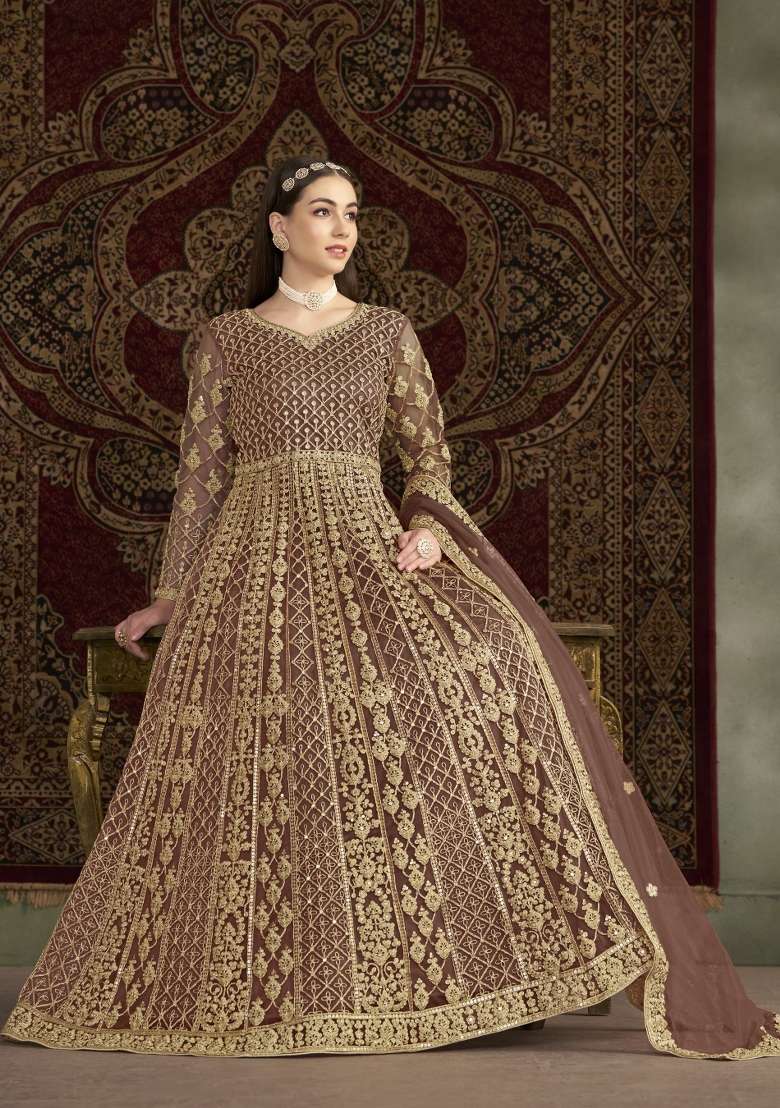 Coffee Embroidered Net Anarkali With Dupatta - Indya