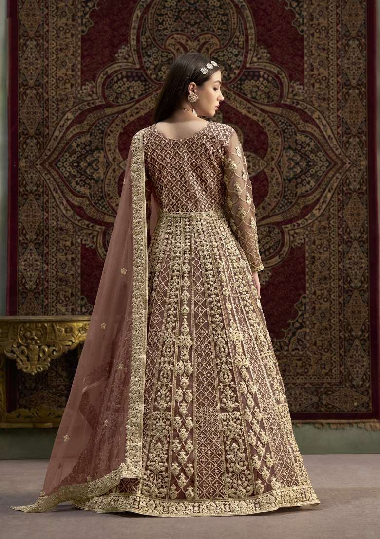 Coffee Embroidered Net Anarkali With Dupatta - Indya