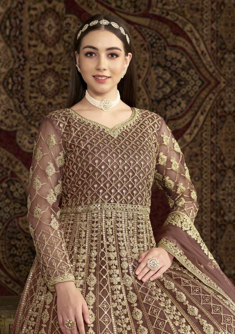 Coffee Embroidered Net Anarkali With Dupatta - Indya