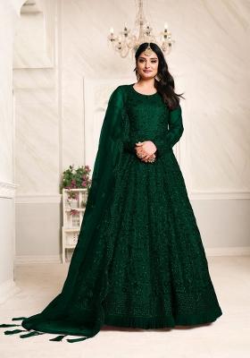 Green Embroidered Net Anarkali Set