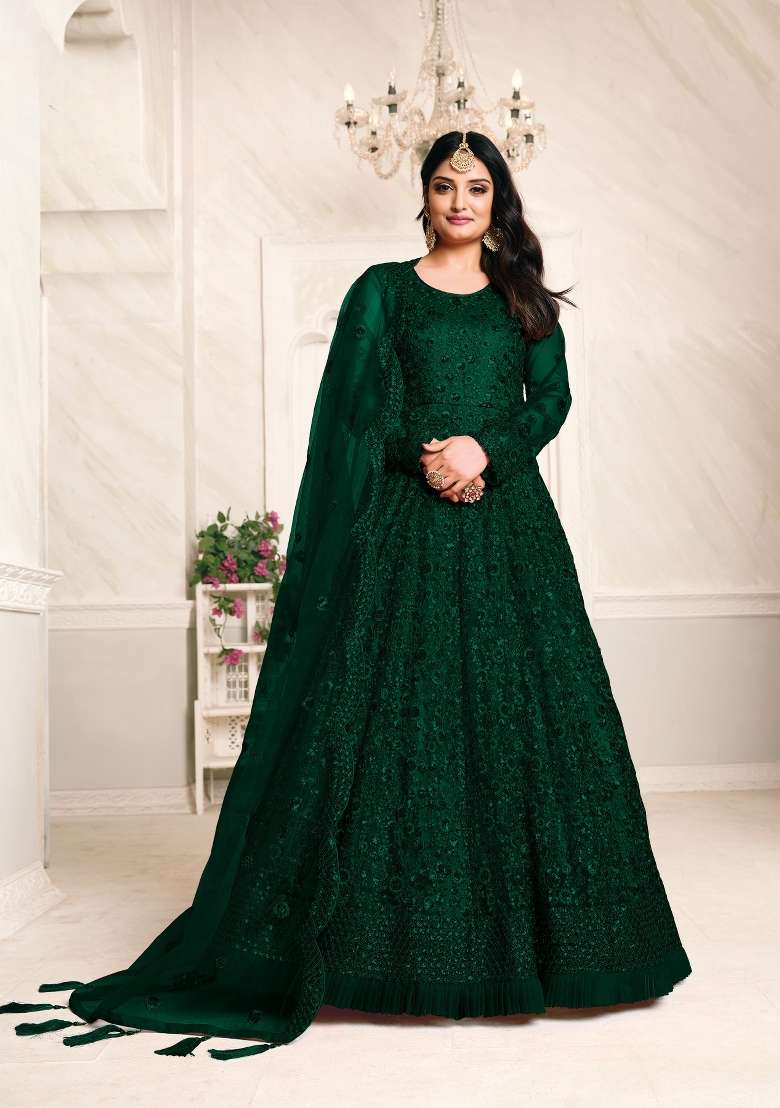 Green Embroidered Net Anarkali Set - Indya