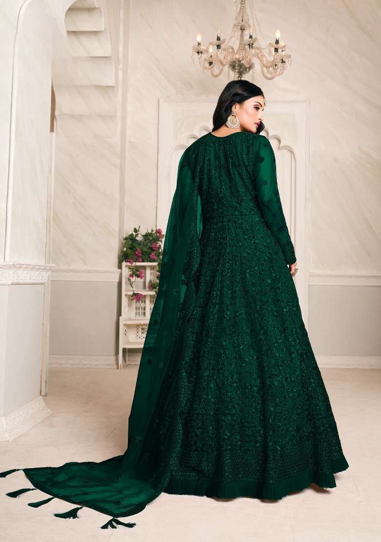 Green Embroidered Net Anarkali Set - Indya