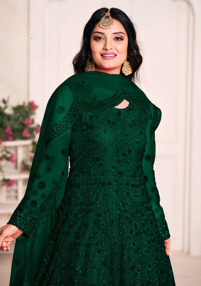 Green Embroidered Net Anarkali Set - Indya