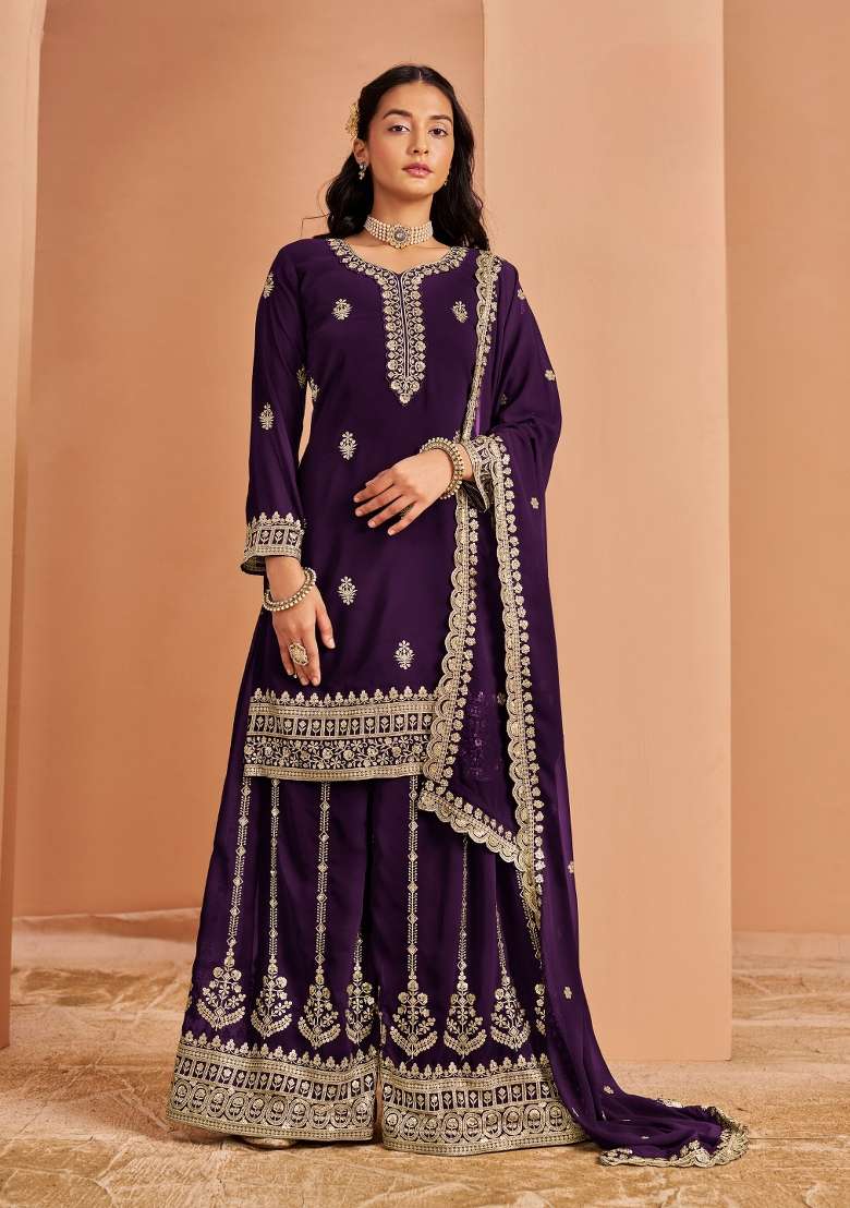 Purple Embroidered Georgette Salwar Kameez - Indya