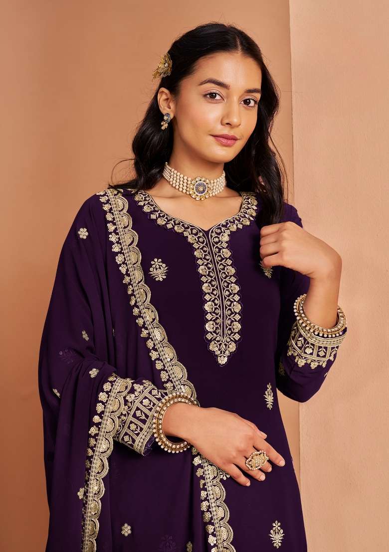 Purple Embroidered Georgette Salwar Kameez - Indya