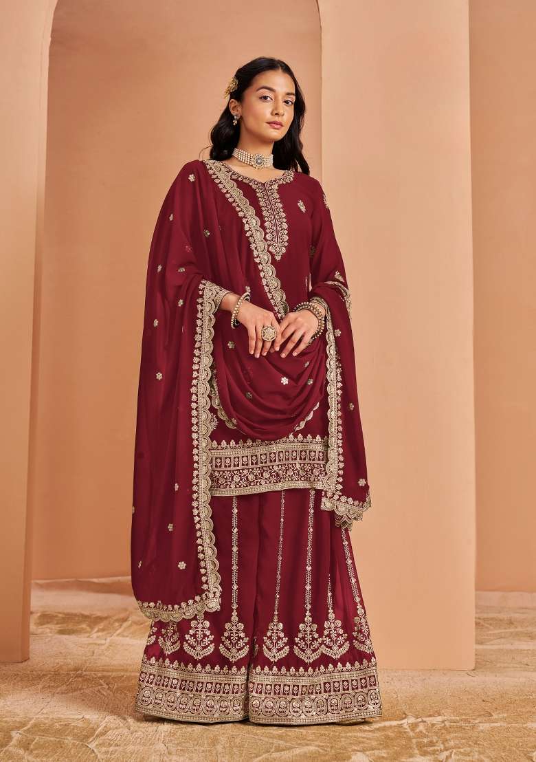 Maroon Embroidered Georgette Salwar Kameez - Indya