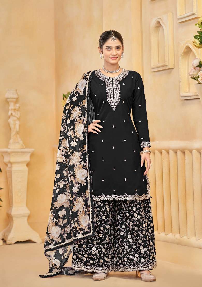 Black Embroidered Silk Salwar Kameez - Indya