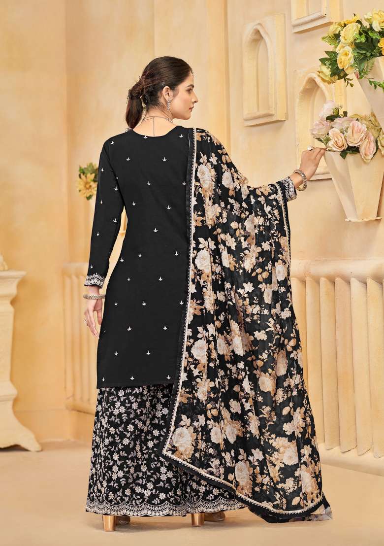 Black Embroidered Silk Salwar Kameez - Indya