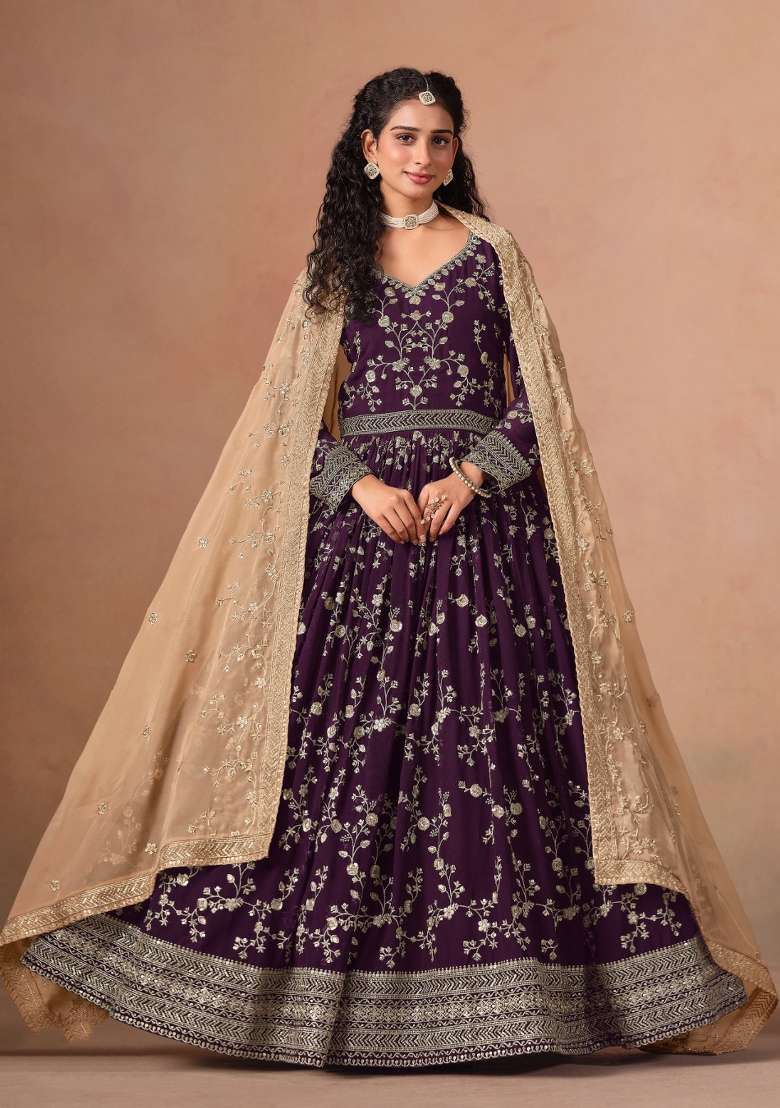 Purple Jacquard Georgette Salwar Kameez - Indya