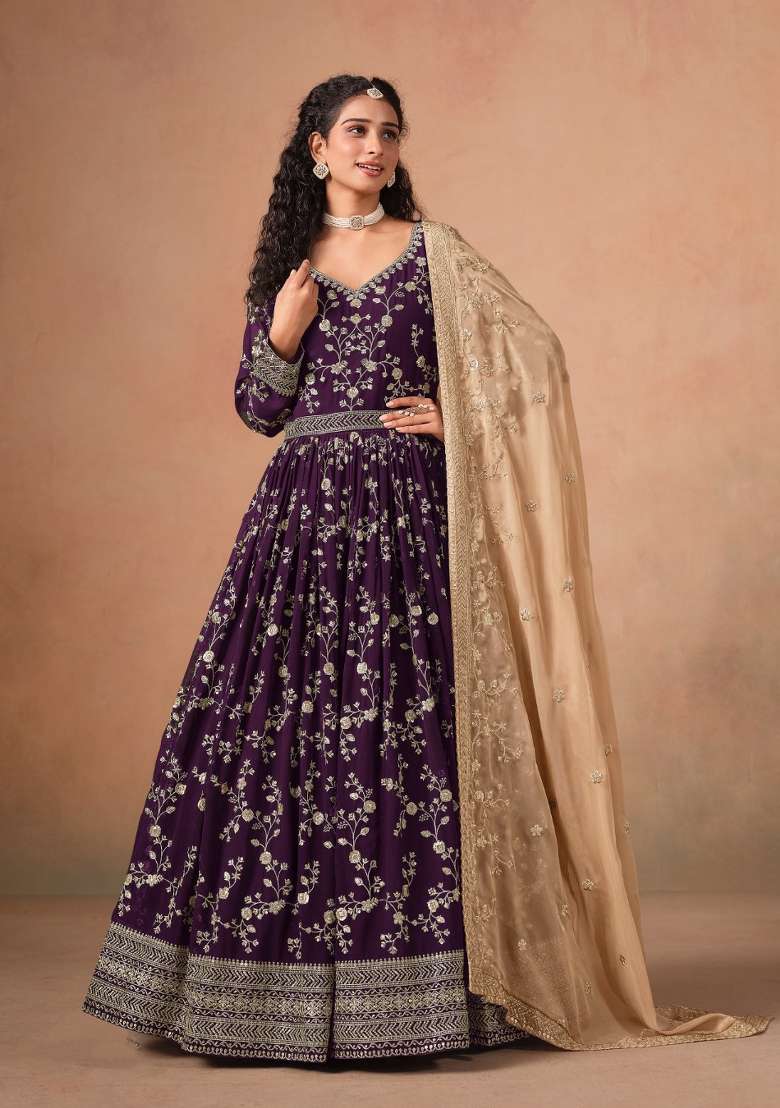 Purple Jacquard Georgette Salwar Kameez - Indya