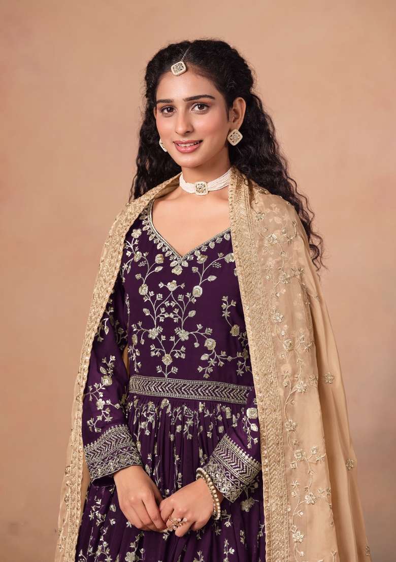 Purple Jacquard Georgette Salwar Kameez - Indya