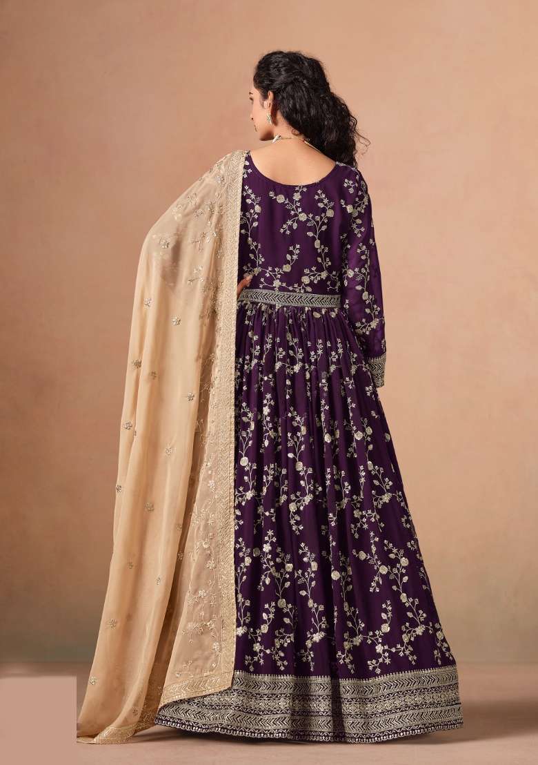 Purple Jacquard Georgette Salwar Kameez - Indya