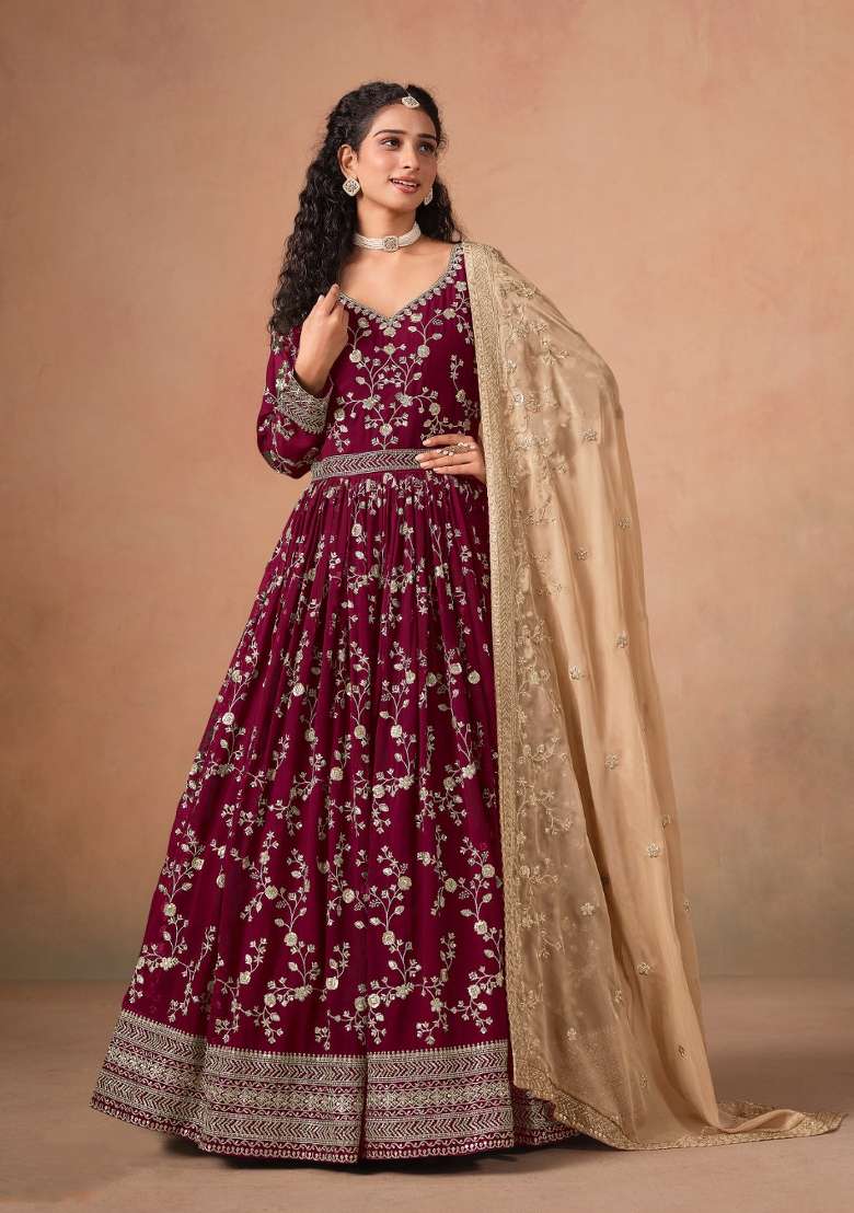 Red Jacquard Georgette Salwar Kameez - Indya