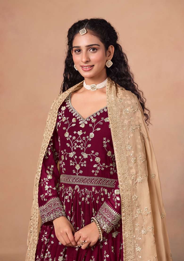 Red Jacquard Georgette Salwar Kameez - Indya
