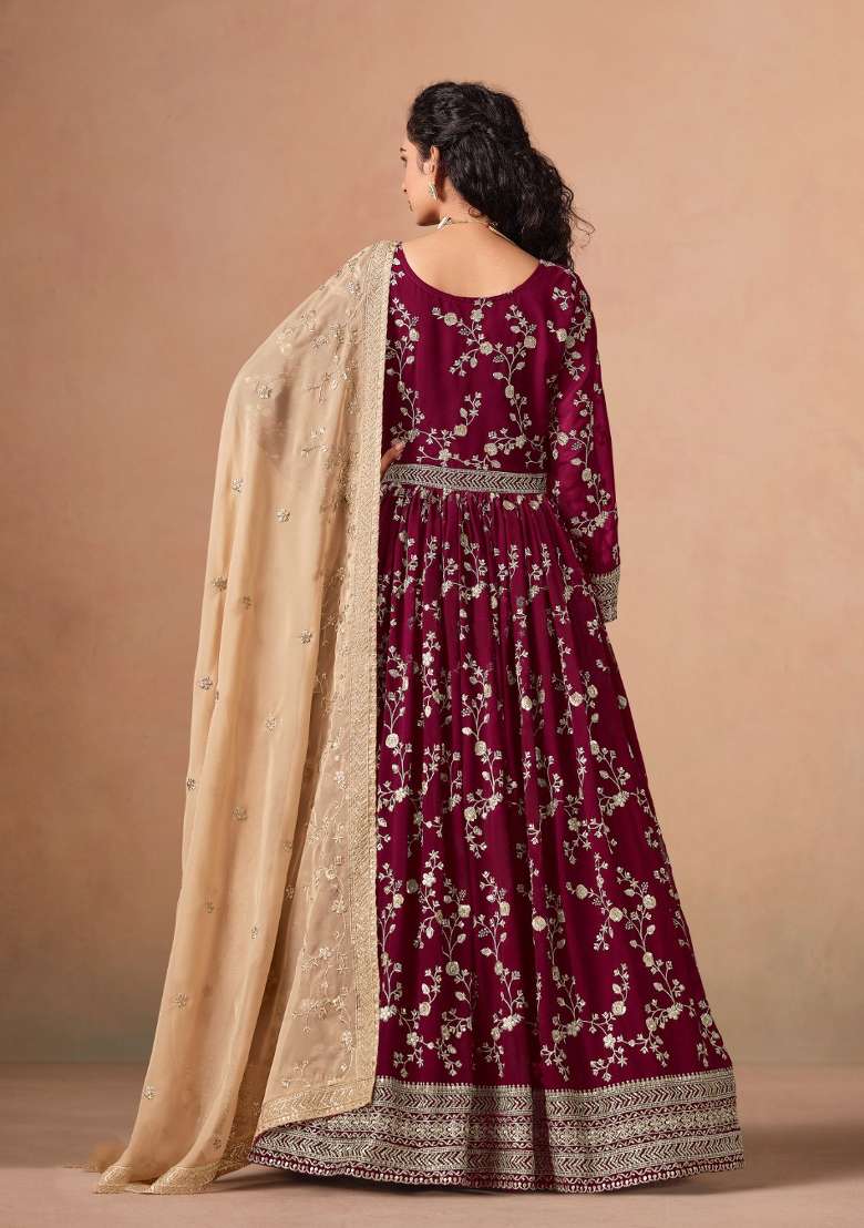 Red Jacquard Georgette Salwar Kameez - Indya