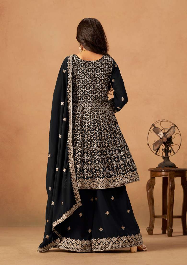 Black Embroidered Georgette Salwar Kameez - Indya