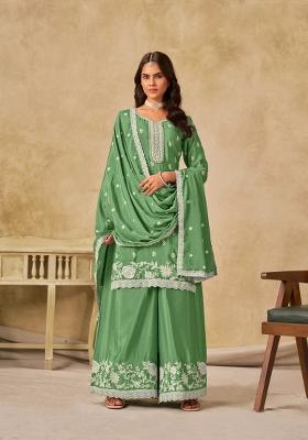 Green Embroidered Silk Blend Salwar Kameez